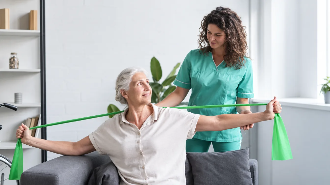 Idosa em sessão de fisioterapia com faixa elástica, acompanhada por fisioterapeuta